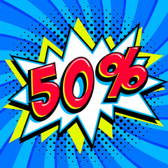 Blue sale web banner. Pop art comic sale discount promotion banner. Big sale background. Sale Fifty 50 off on a Comics pop-art style bang shape on blue twisted background. Seasonal discounts, Black