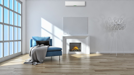 Modern bright living room with air conditioning, white wall. 3D rendering