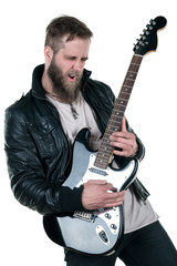 A charismatic man with a beard, in a leather jacket, playing an electric guitar, on a white isolated background. Horizontal frame