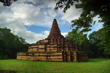 Archaeological site, ancient abandoned temple and pagoda in Thailand.