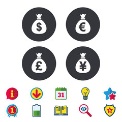 Money bag icons. Dollar, Euro, Pound and Yen.