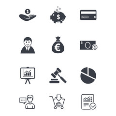 Fototapeta premium Money, cash and finance icons. Piggy bank sign.