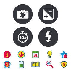 Fototapeta premium Photo camera icon. Flash light and exposure.