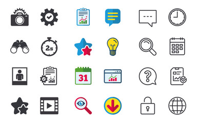 Photo camera icon. Flash light and video frame.