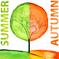 Summer and autumn watercolor concept. Seasonal trees art vector illustration