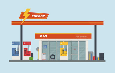 Gas station cartoon flat vector illustration.