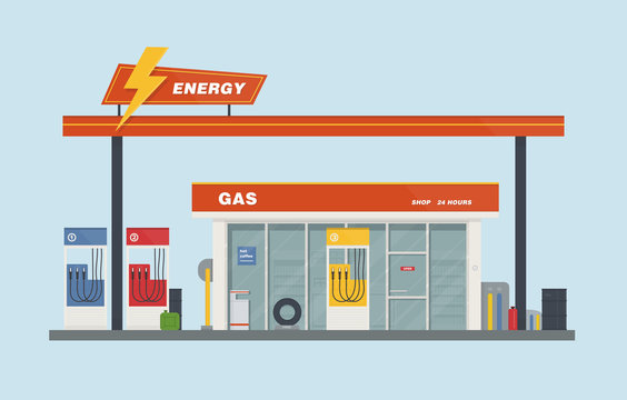 Gas station cartoon flat vector illustration. Stock Vector | Adobe Stock