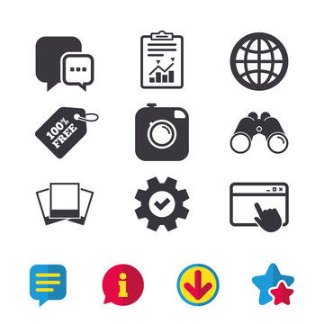 Social media icons. Chat speech bubble and Globe.
