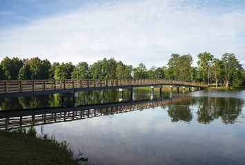 View of lake and bridge.