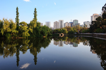 Green lake park with beautiful reflections in still water in Chinese city centre