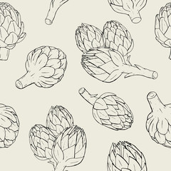 Artichoke seamless pattern with hand drawn plant. Contour vector illustration