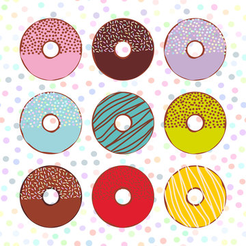 Sweet donuts set with icing and sprinkls isolated, pastel colors on white polka dot background. Vector