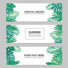 Set of summer horizontal banners with tropical leaves, monstera, banana, chamaedorea and other palms. Template for advertising production. Background with place for text.