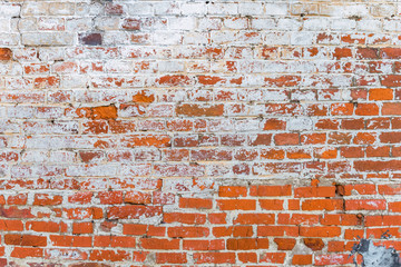 old brick wall of the house with the remains of white paint. grunge textured background