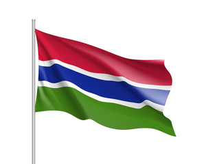 Gambia flag. Illustration of African country waving flag on flagpole. Vector 3d icon isolated on white background. Realistic illustration