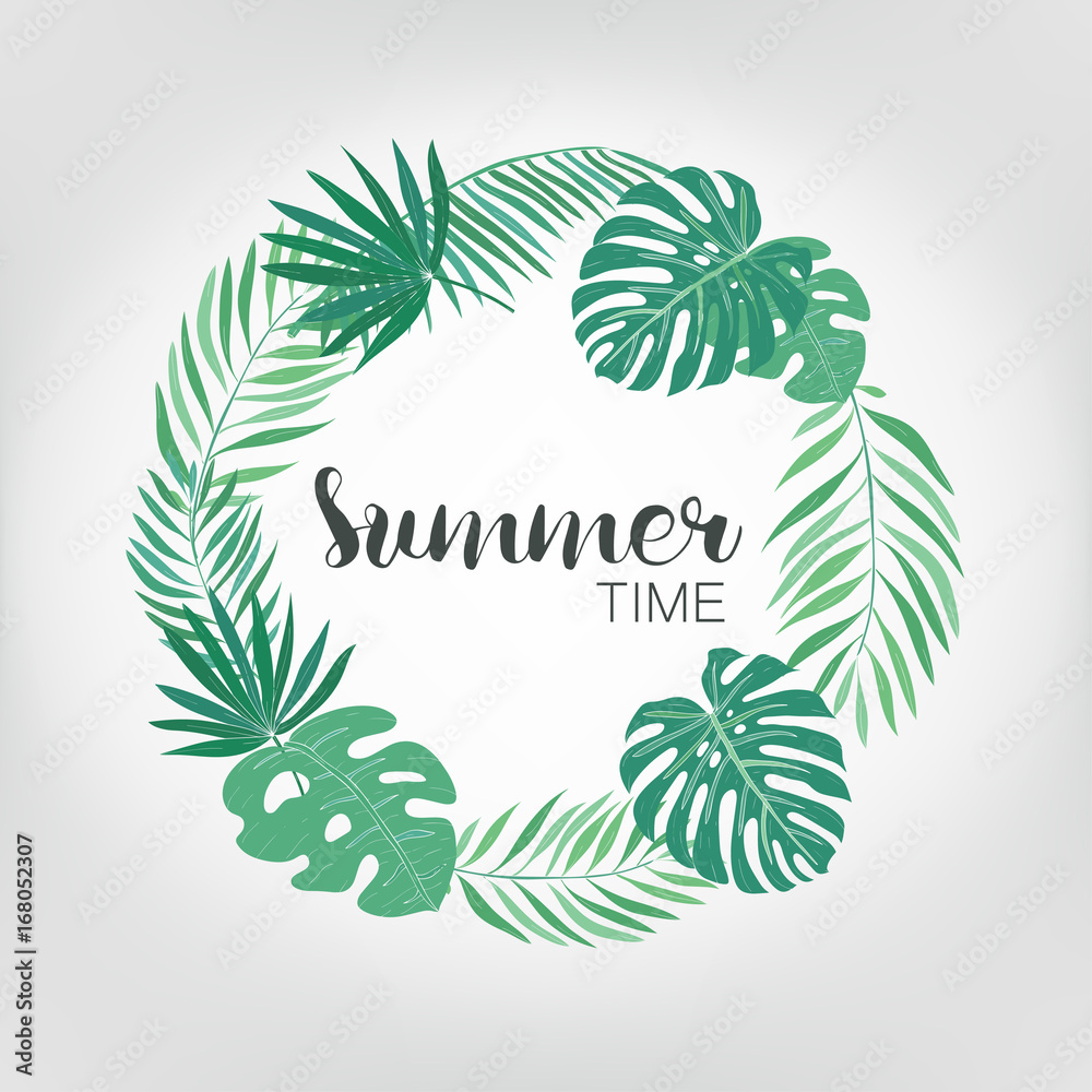 Poster round frame with tropical palm leaves. exotic background with place for text.