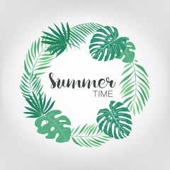 Fototapeta na wymiar Round frame with tropical palm leaves. exotic background with place for text.