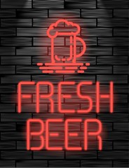 Obraz premium Fresh beer neon sign or emblem on black brick wall. Can be used for advertising and promotion, design flyer or placard.