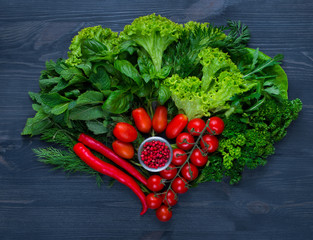 organic food background Vegetables on a Wooden Background