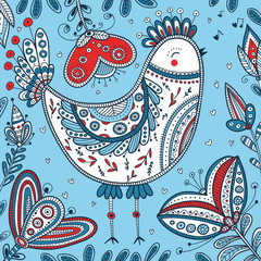 Decorated bird illustration in ethnic boho style