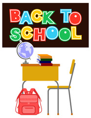 School desk in the classroom and banner with greeting text "Back to school". Vector clip art.
