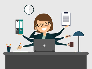 Busy secretary smiling with laptop. Vector illustration - obrazy, fototapety, plakaty