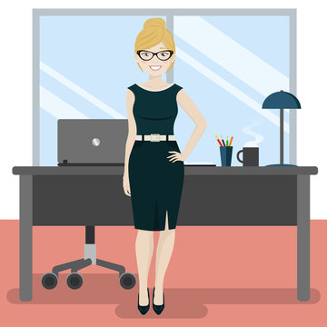 Cute secretary at the office with laptop and coffee. Vector illustration