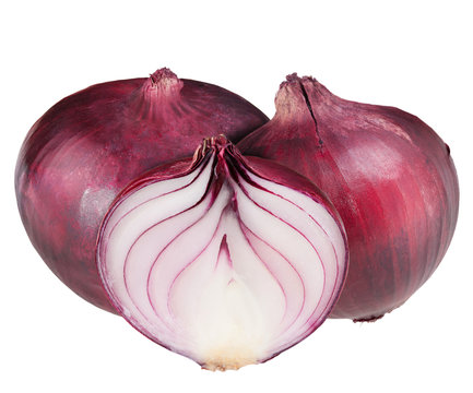 three bulb sliced red onion set isolated on white background clipping path