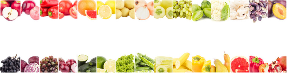 Ligne de légumes et de fruits de couleurs différentes, isolées