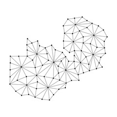 Zambia map of polygonal mosaic lines network, rays and dots vector illustration.
