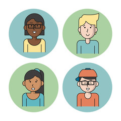 white background with colorful circles with icons of people team half body with women brunette and afro with glasses and casual clothes and caucasian men one with blond hair the other with glasses and