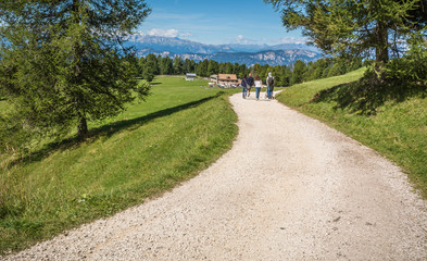 Fototapeta na wymiar travelers walking on a trail in Dolomites Mountains, South Tyrolo, Italy
