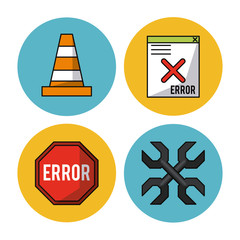 white background with colorful circles with icons of traffic cone and wrench crossed and poster and computer window error vector illustration