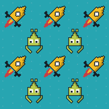 colorful pattern of alien and rockets game vector illustration