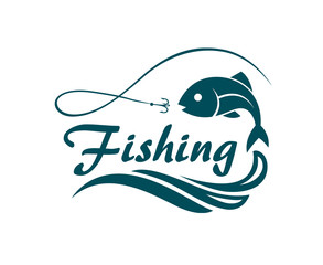 fishing emblem with fish, waves and hook
