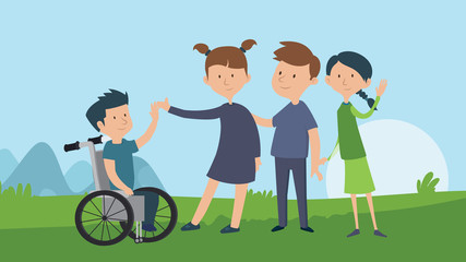 Kids playing with a boy in a wheelchair. Social message. Vector cartoon