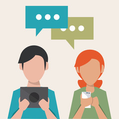 Fototapeta premium color silhouette faceless half body man and woman with tech devices sharing social media vector illustration