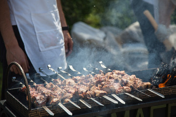 Asian shish kebab, barbecue in the backyard in summer