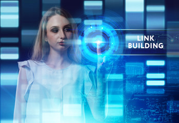 The concept of business, technology, the Internet and the network. A young entrepreneur working on a virtual screen of the future and sees the inscription: Link building