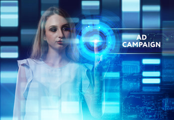 The concept of business, technology, the Internet and the network. A young entrepreneur working on a virtual screen of the future and sees the inscription: Ad campaign