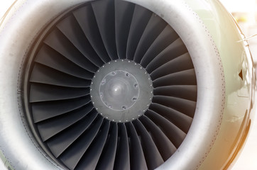 Airplane engine blades passenger airliner close up