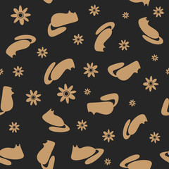 Seamless pattern with abstract silhouettes of cats and flowers. Cute ornament for design of cards, covers, textiles. Black, brown colour.