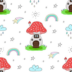 Seamless pattern with cute mushrooms. Mushrooms as a house