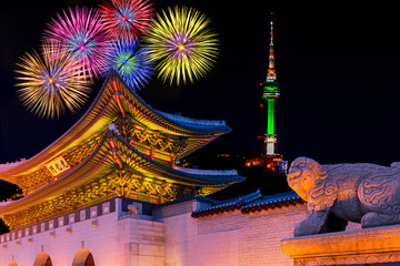 Landmarks Korea with covered Colorful fireworks Gyeongbok and Seoul Tower , South korea - 168060552