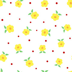Cute flowers with leaves and polka dots. Floral seamless pattern. White, yellow, green, red, orange colour.