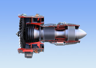 Side view of turbofan jet engine's cross section wireframe isolated on blue background. 3D rendering image.