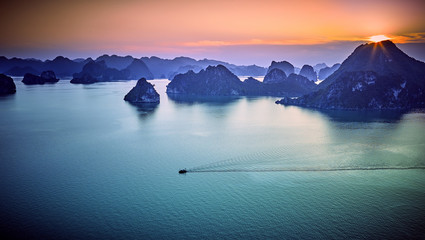 beautiful green limestone mountains in halon bay