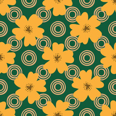 Flowers and circles drawn by hand. Floral seamless pattern.