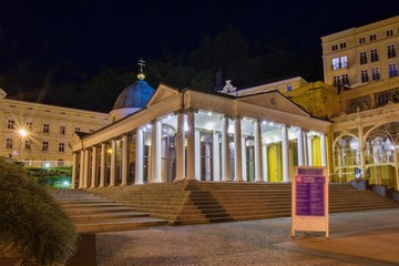 Pavilion of mineral water spring at night - center of Marianske Lazne (Marienbad) - great famous...