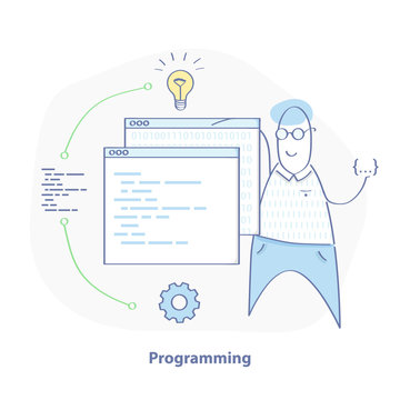 Programming, coding illustration concept. Cartoon programmer with laptop and code